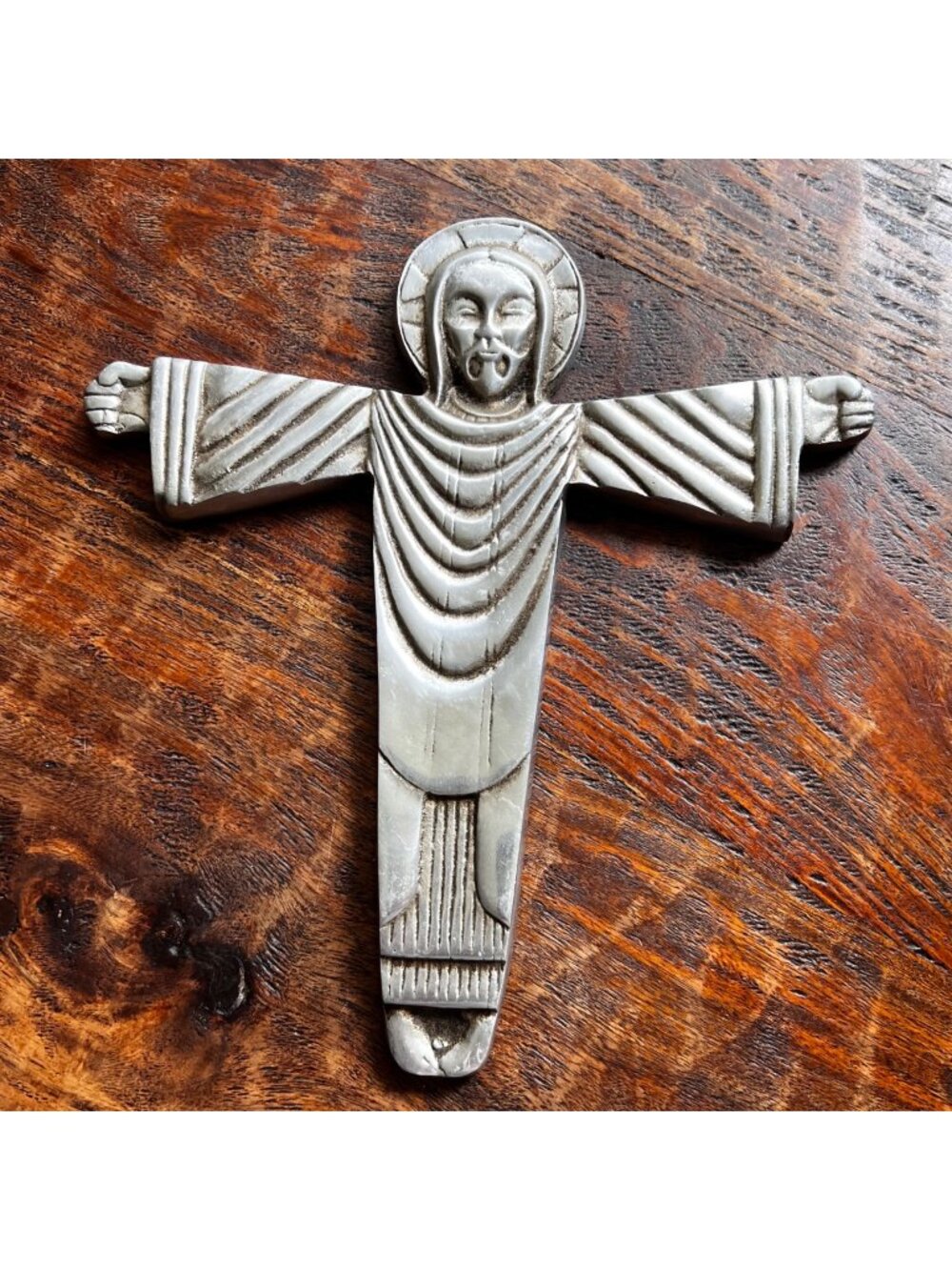 Vintage Aluminum Crucifix With Intricate Carved Details & Textured Finish 11" x